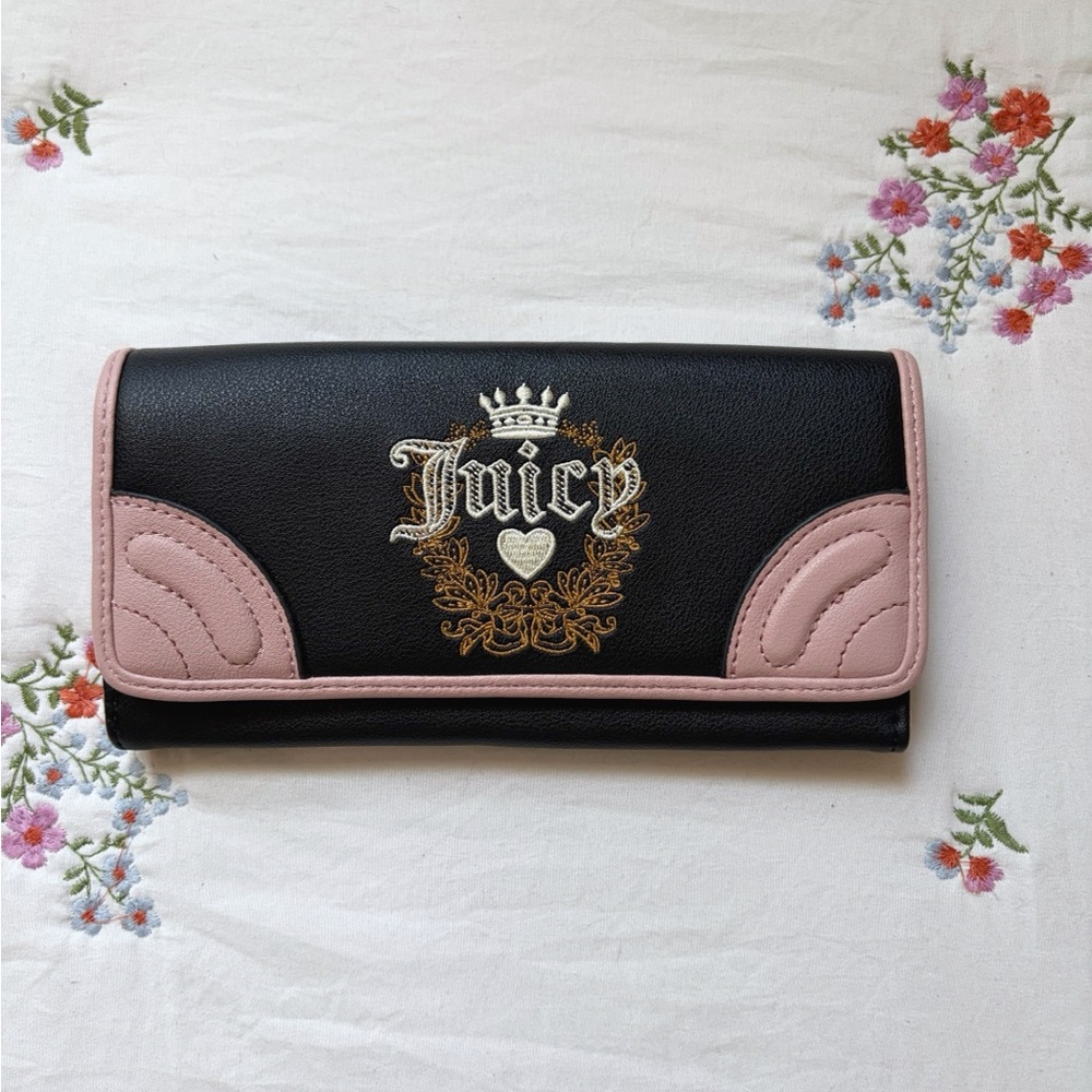 Juicy Couture Black Wallet with Pink Trim and Gold Crest